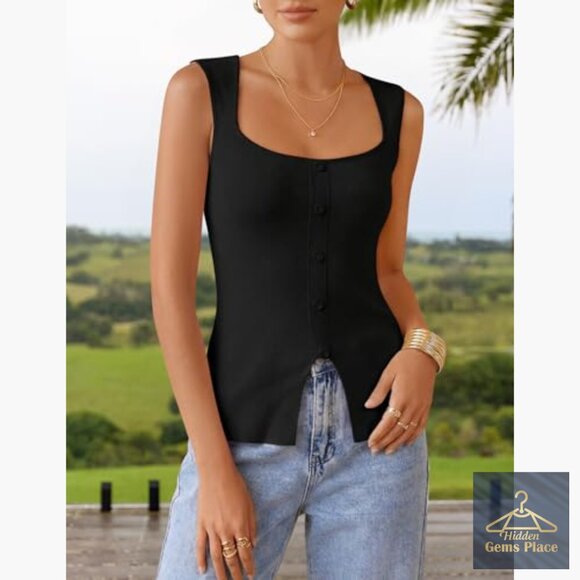 Sleeveless Square Neck Ribbed Knit Sweater Vest Slim Fit Tank Top - Picture 4 of 7